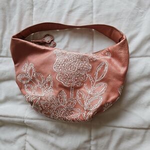 Isabella Fiore Blush/Peach Leather Floral‎ Embroidered Hobo bag Garden Feminine